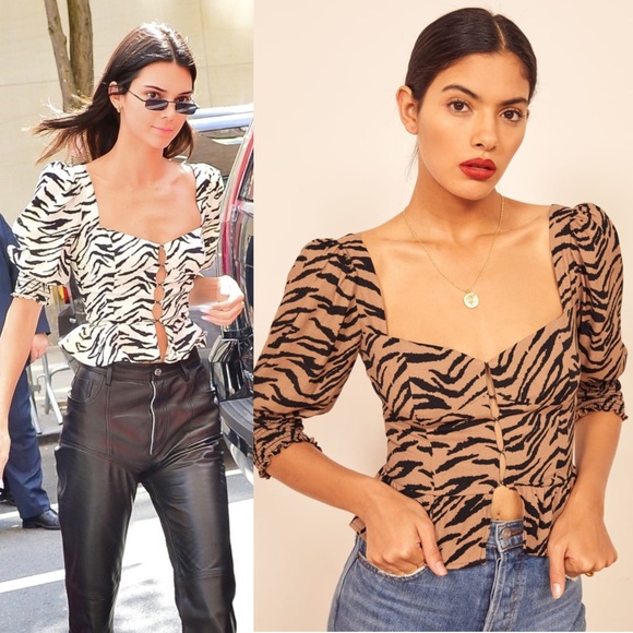 NWT REFORMATION Tiger Stripe Sweetheart Neck Puff Sleeve Peplum Coquette Top 0 - Picture 2 of 8